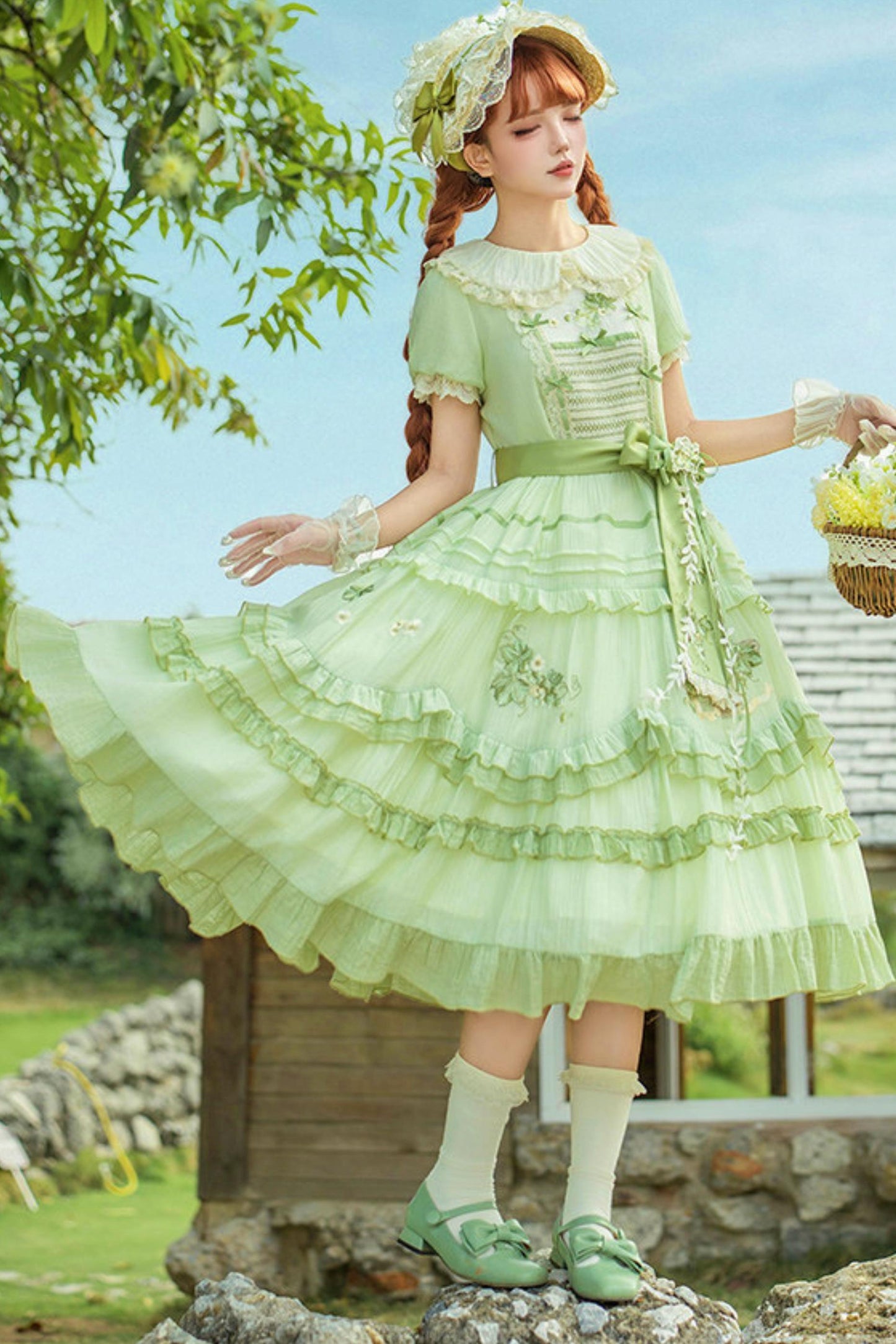 Green Embroidered Lolita One-piece Dress + Cardigan + Hat + Belt + Accessories