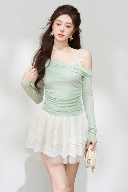 Sweet Green Off-shoulder Knit Top + Skirt