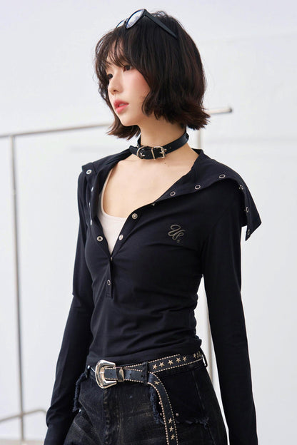 Folded Collar Cut Out Neck Top
