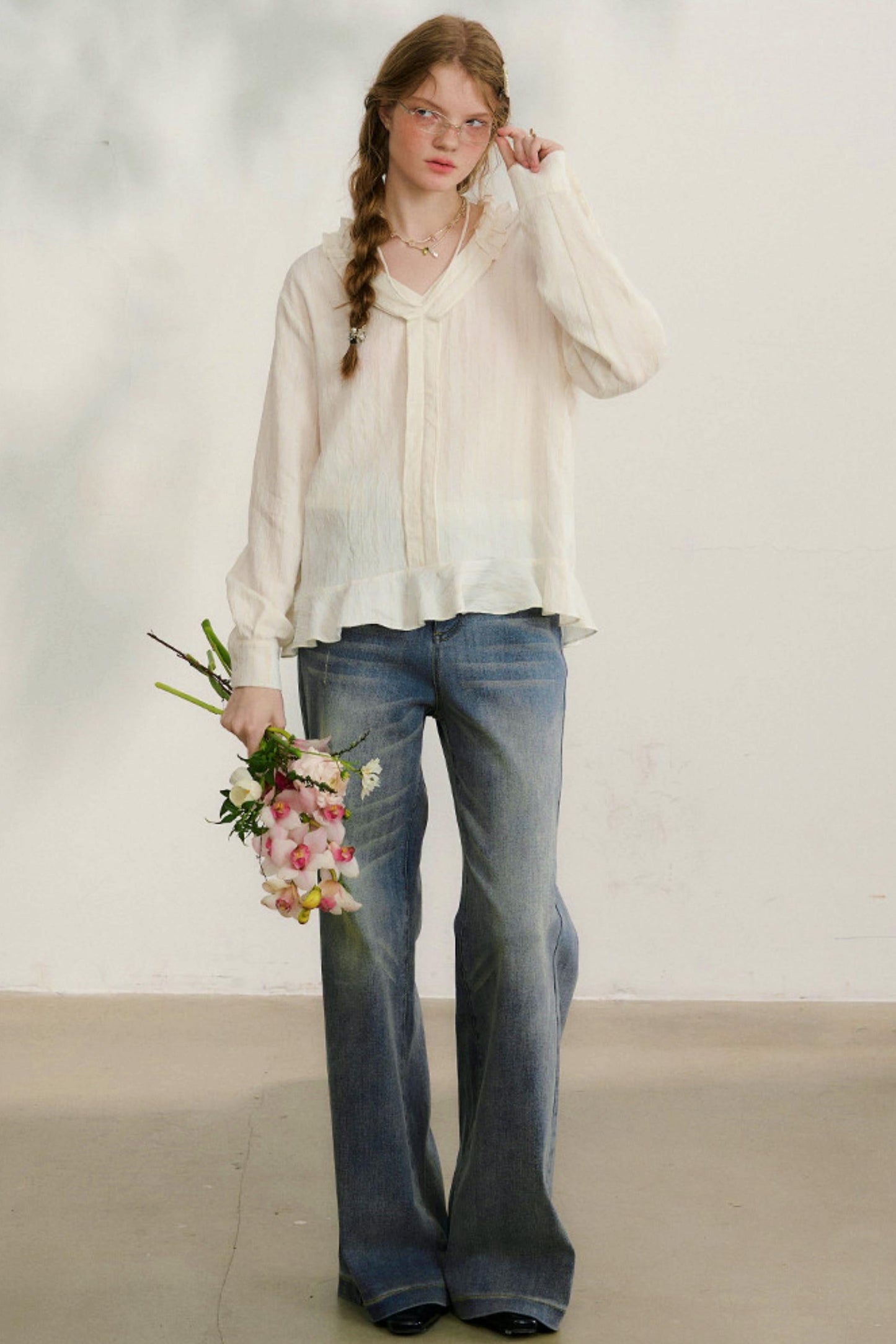 Striped Lace Sleeve Blouse