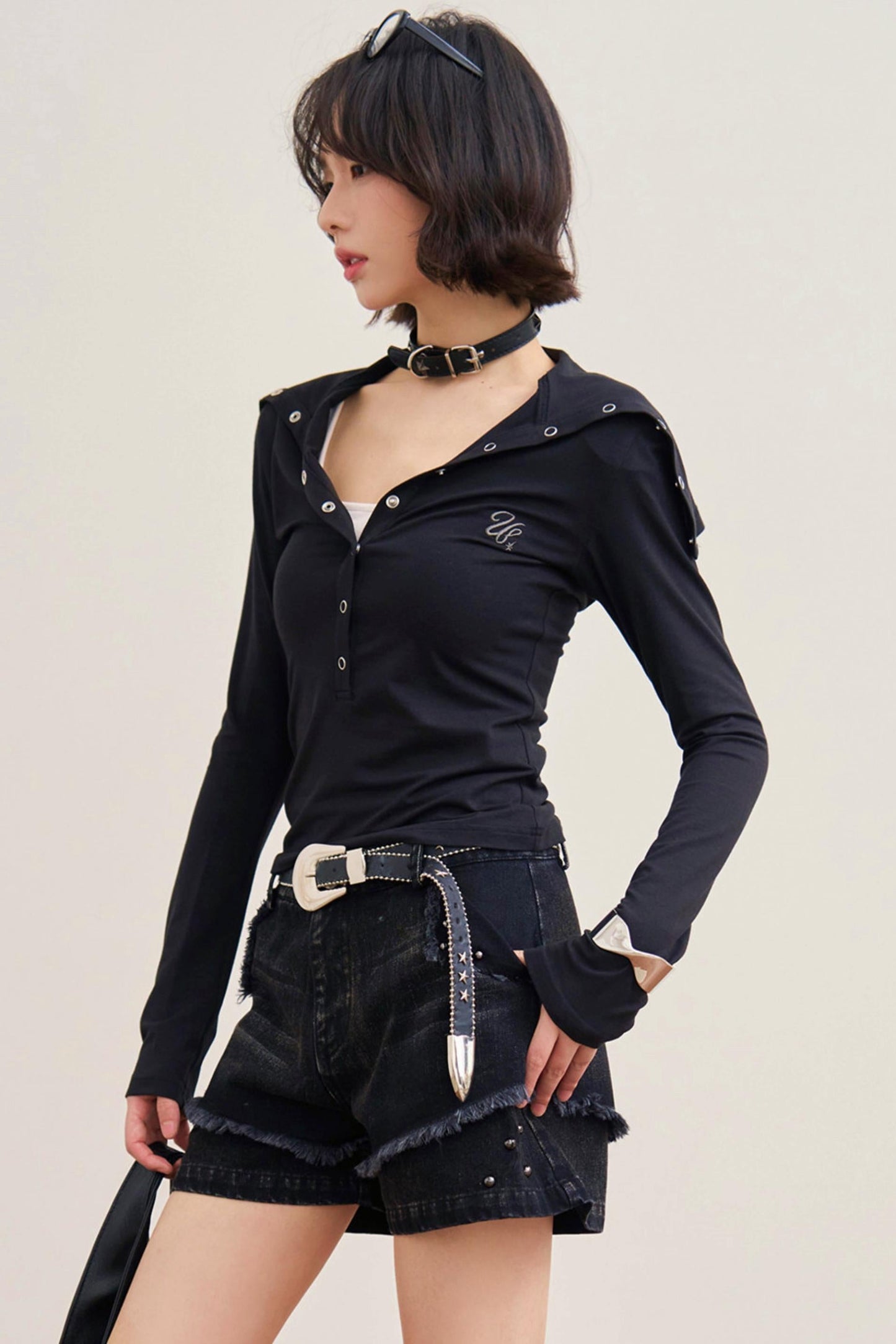 Folded Collar Cut Out Neck Top