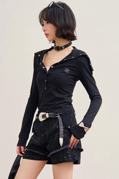 Folded Collar Cut Out Neck Top