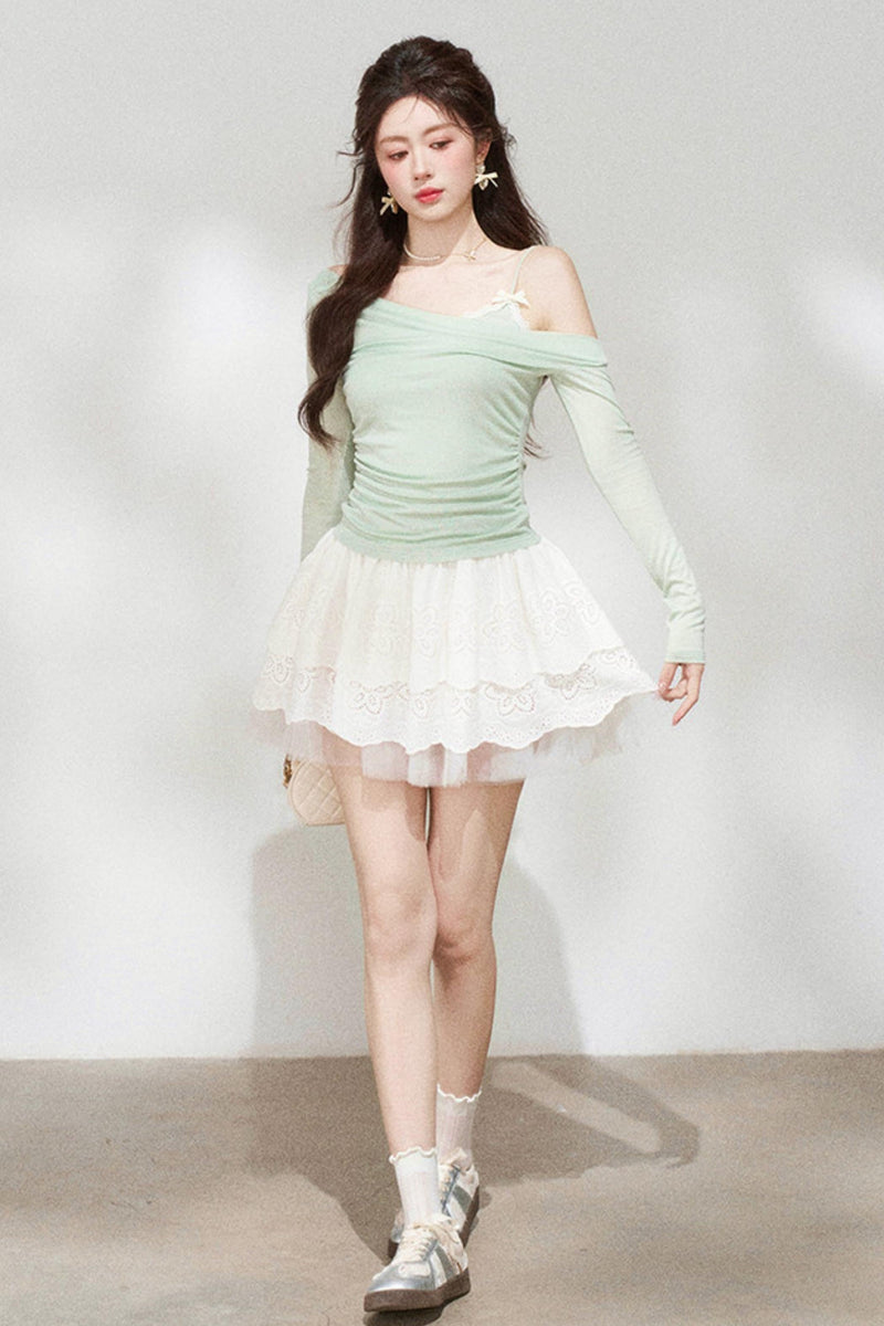 Sweet Green Off-shoulder Knit Top + Skirt