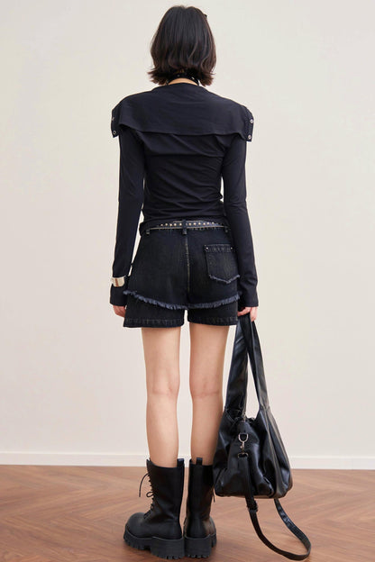 Folded Collar Cut Out Neck Top
