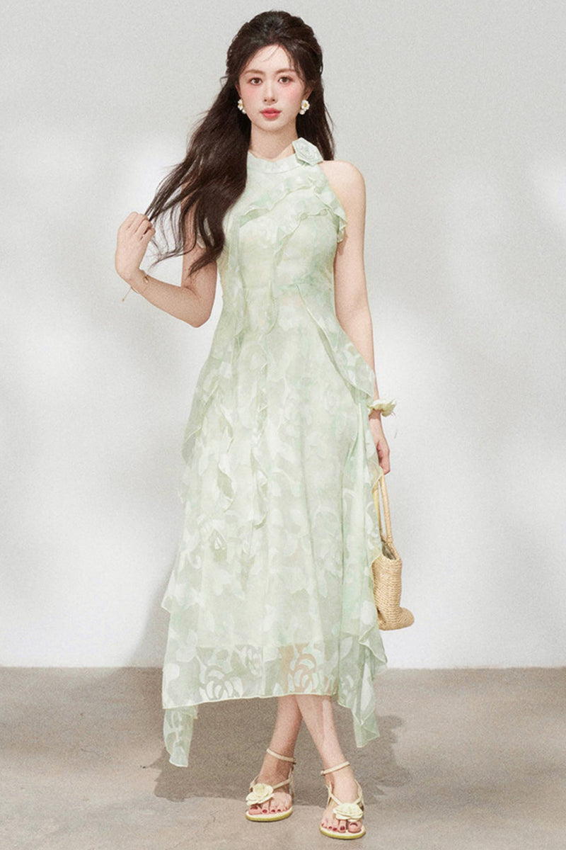 Ruffled Green Chiffon Dress + Outerwear