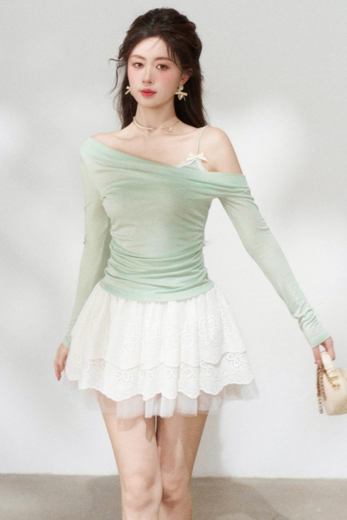 Sweet Green Off-shoulder Knit Top + Skirt