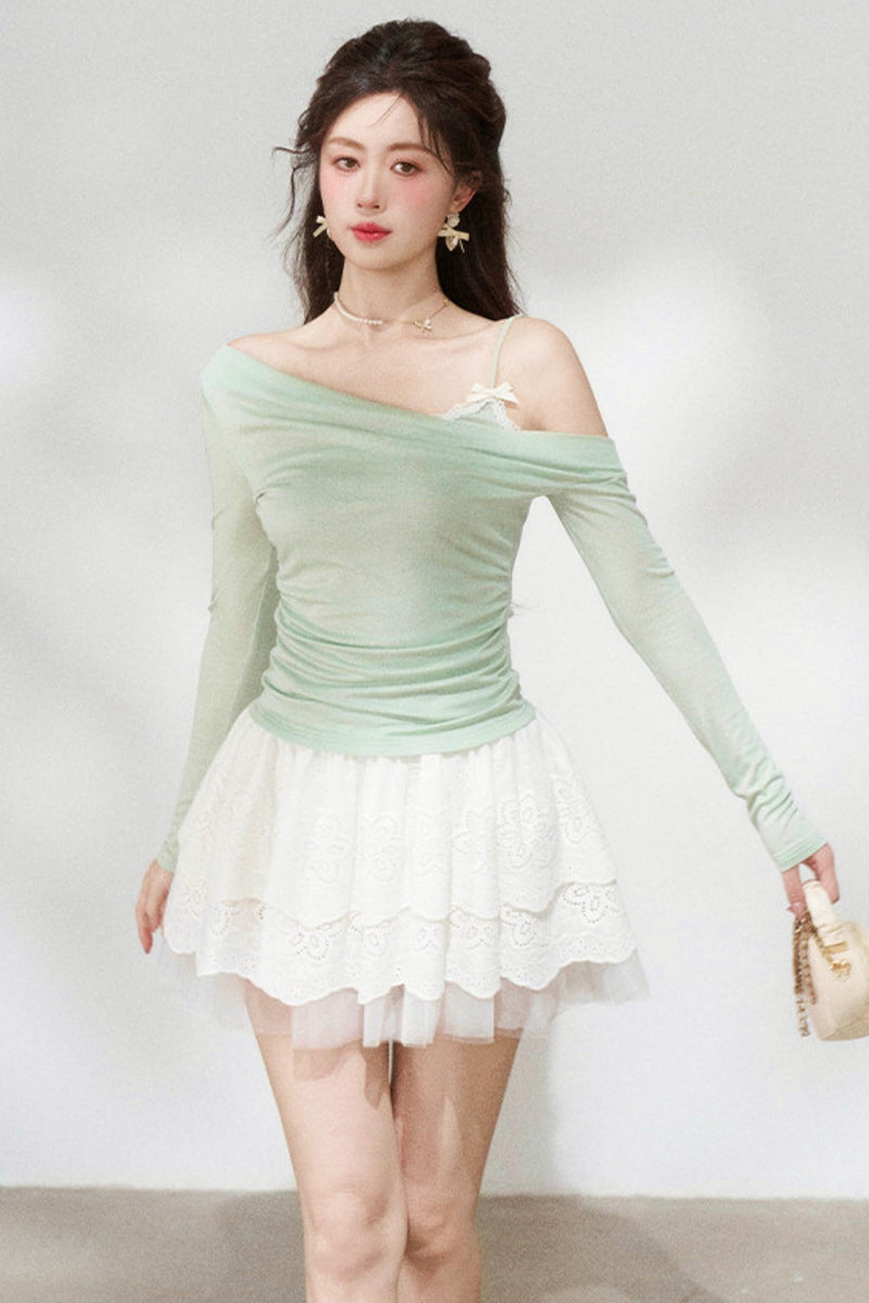 Sweet Green Off-shoulder Knit Top + Skirt