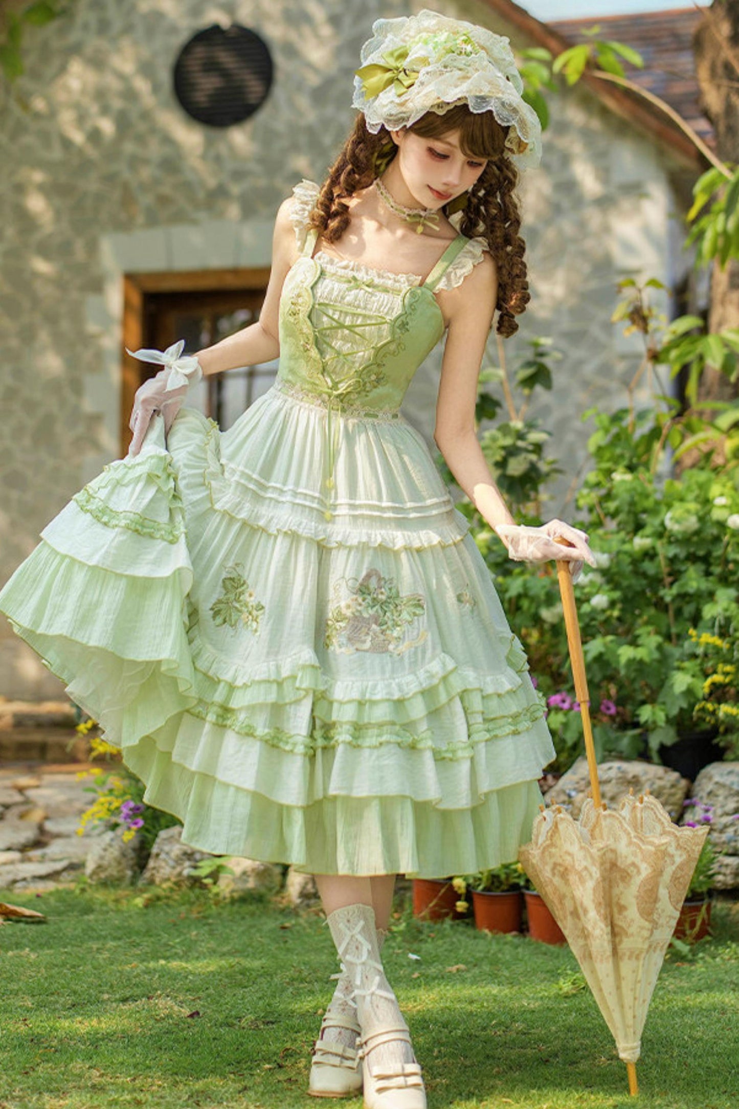 Green Embroidered Lolita One-piece Dress + Cardigan + Hat + Belt + Accessories