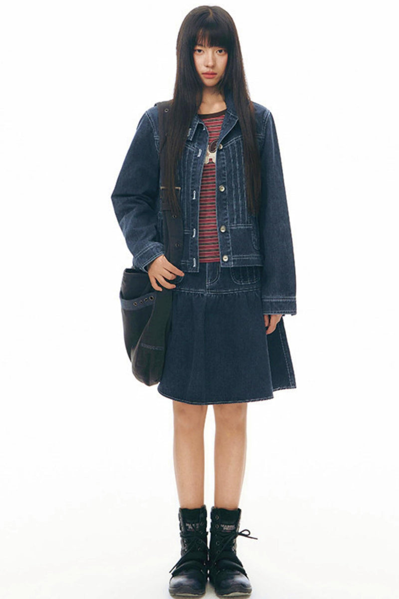 Pleated Denim Jacket + Skirt