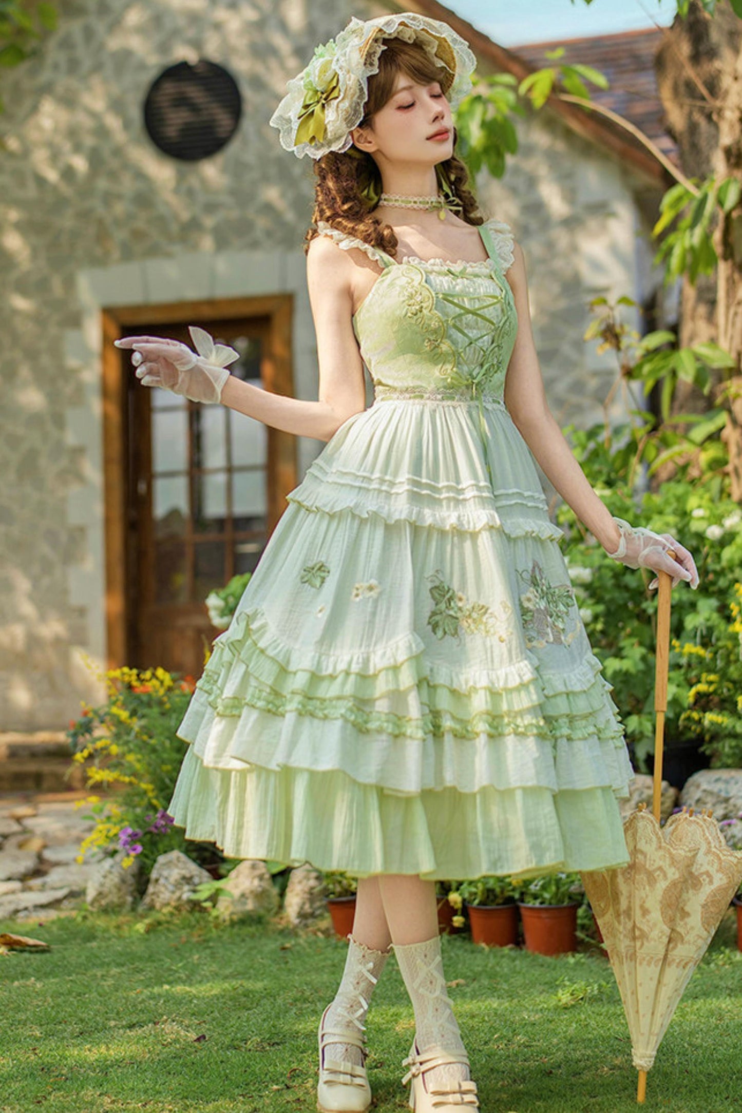 Green Embroidered Lolita One-piece Dress + Cardigan + Hat + Belt + Accessories