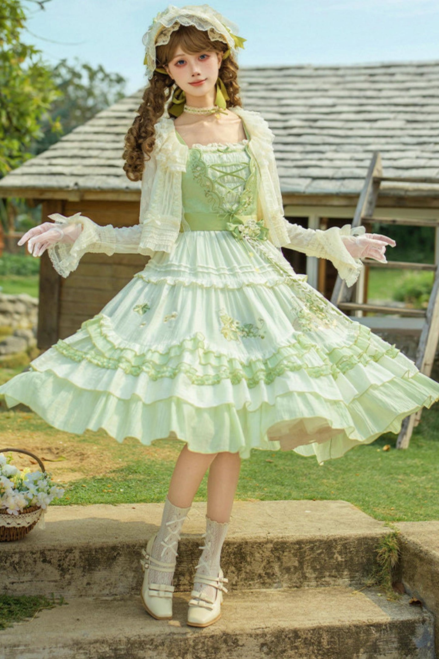 Green Embroidered Lolita One-piece Dress + Cardigan + Hat + Belt + Accessories