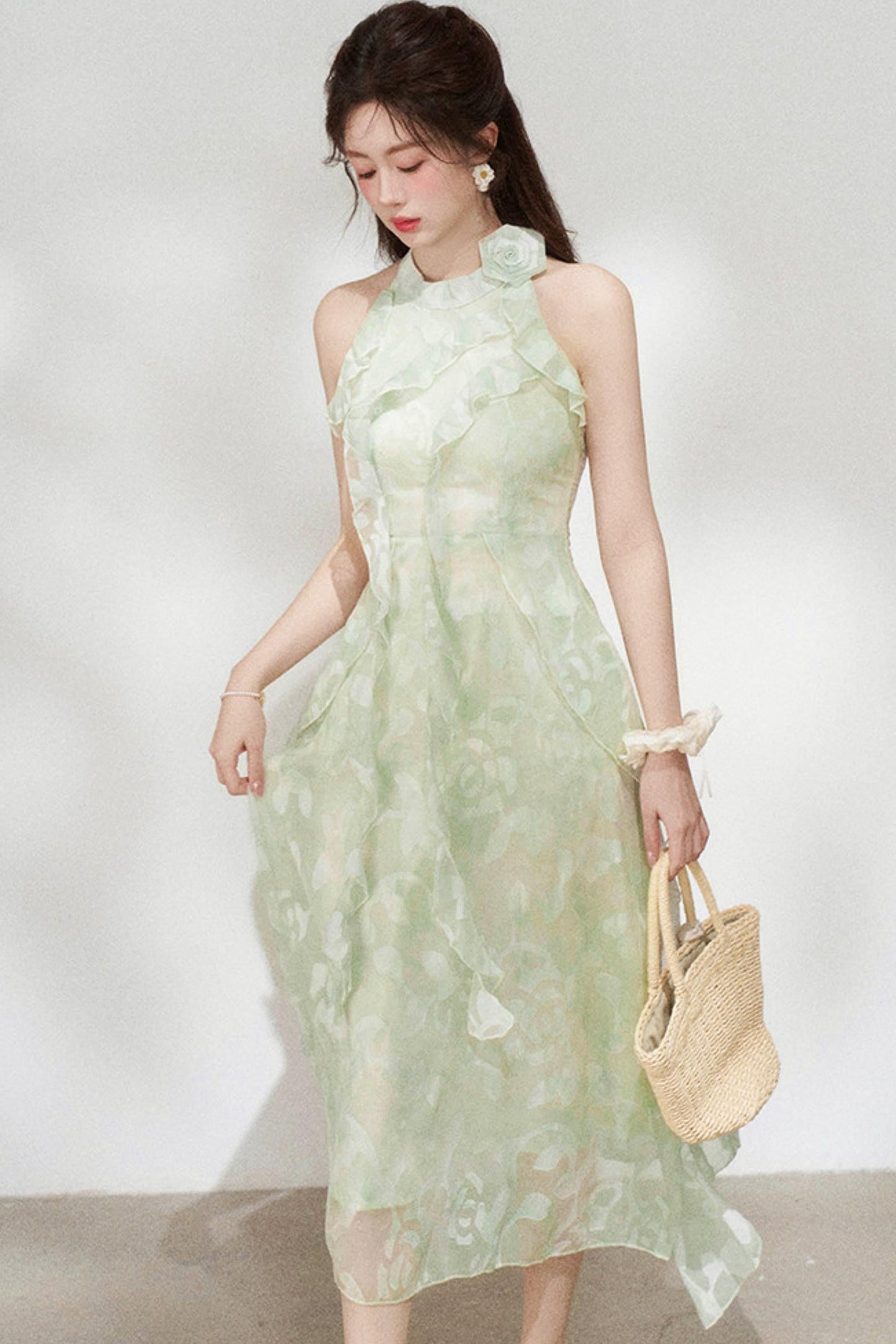 Ruffled Green Chiffon Dress + Outerwear