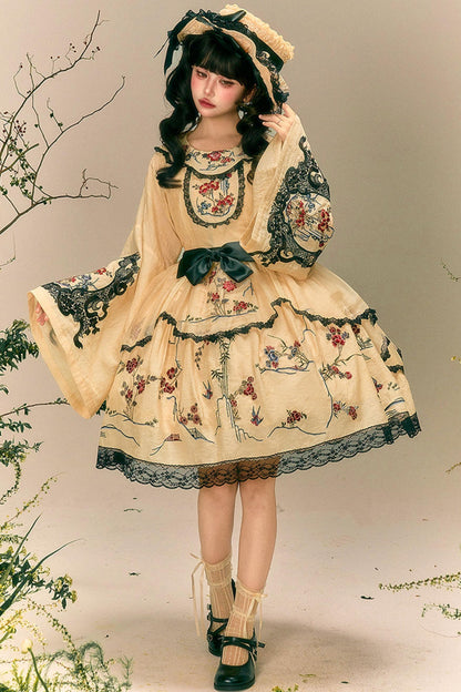 Flower and Bird Printed Dress + Top + Outer + Hat