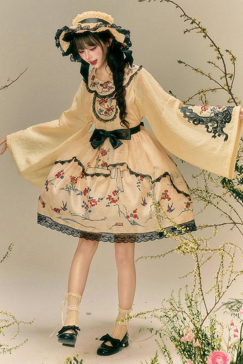 Flower and Bird Printed Dress + Top + Outer + Hat