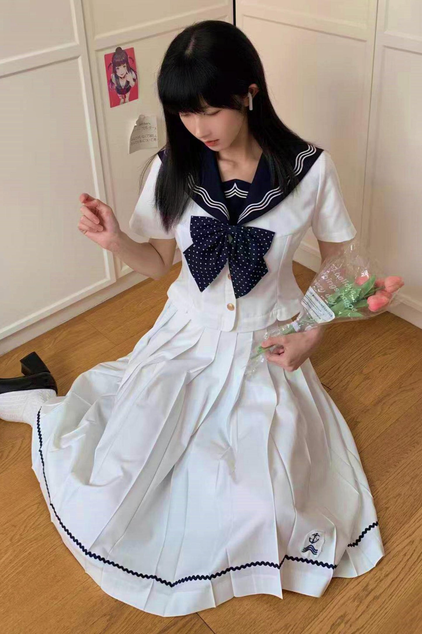 Summer Sea Sailor Top + Skirt + Ribbon Accessory