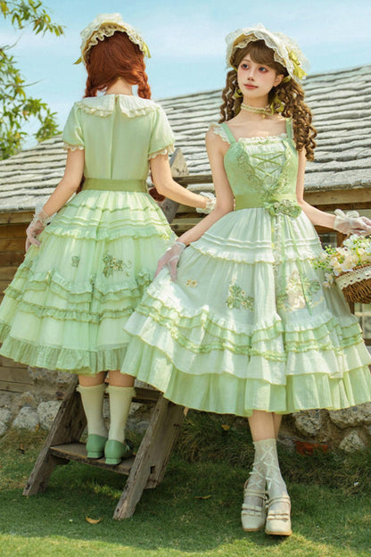Green Embroidered Lolita One-piece Dress + Cardigan + Hat + Belt + Accessories