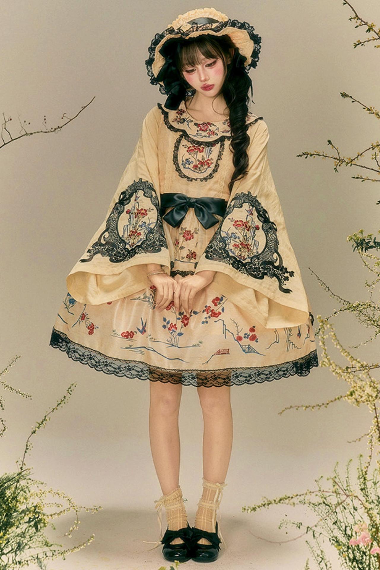 Flower and Bird Printed Dress + Top + Outer + Hat