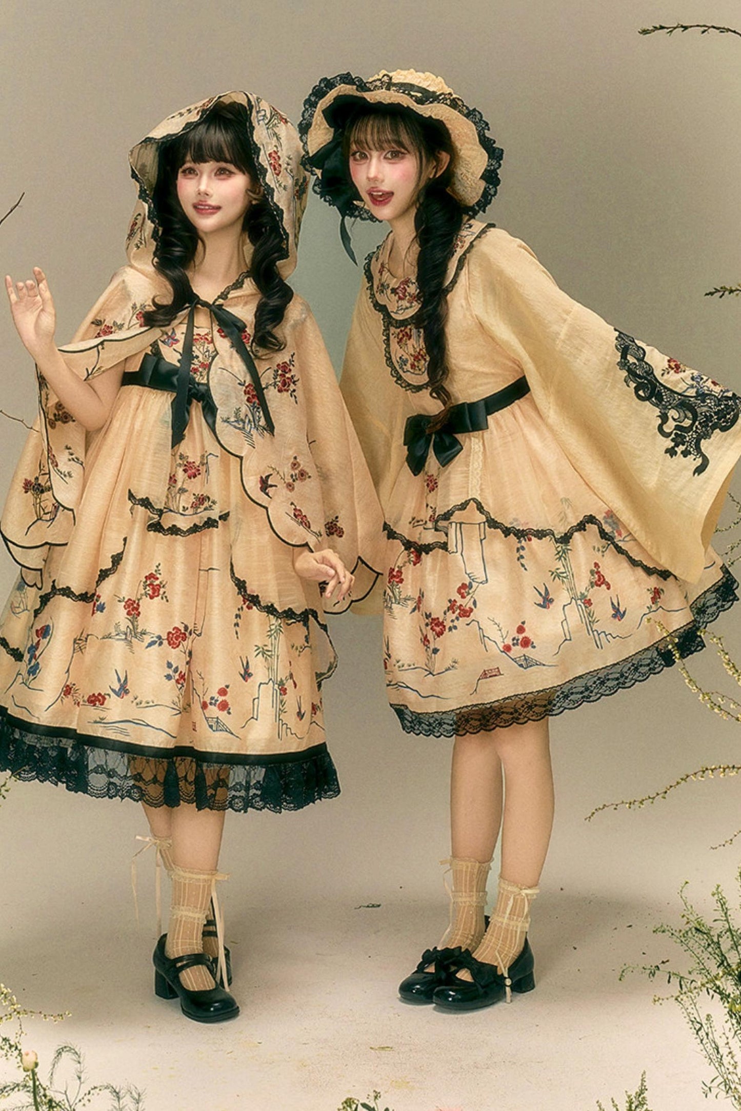 Flower and Bird Printed Dress + Top + Outer + Hat