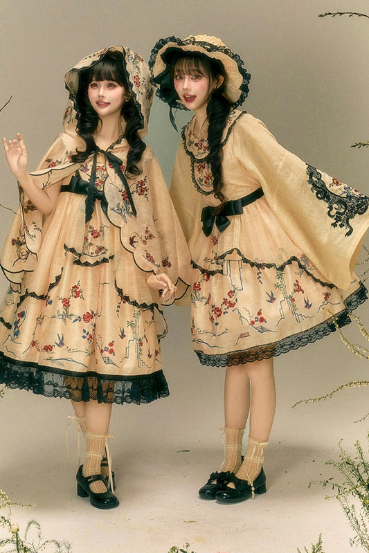Flower and Bird Printed Dress + Top + Outer + Hat