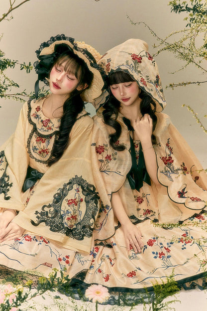Flower and Bird Printed Dress + Top + Outer + Hat