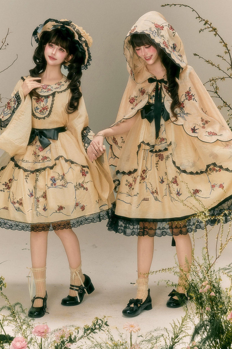 Flower and Bird Printed Dress + Top + Outer + Hat