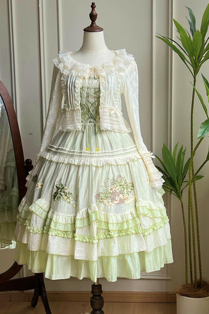 Green Embroidered Lolita One-piece Dress + Cardigan + Hat + Belt + Accessories