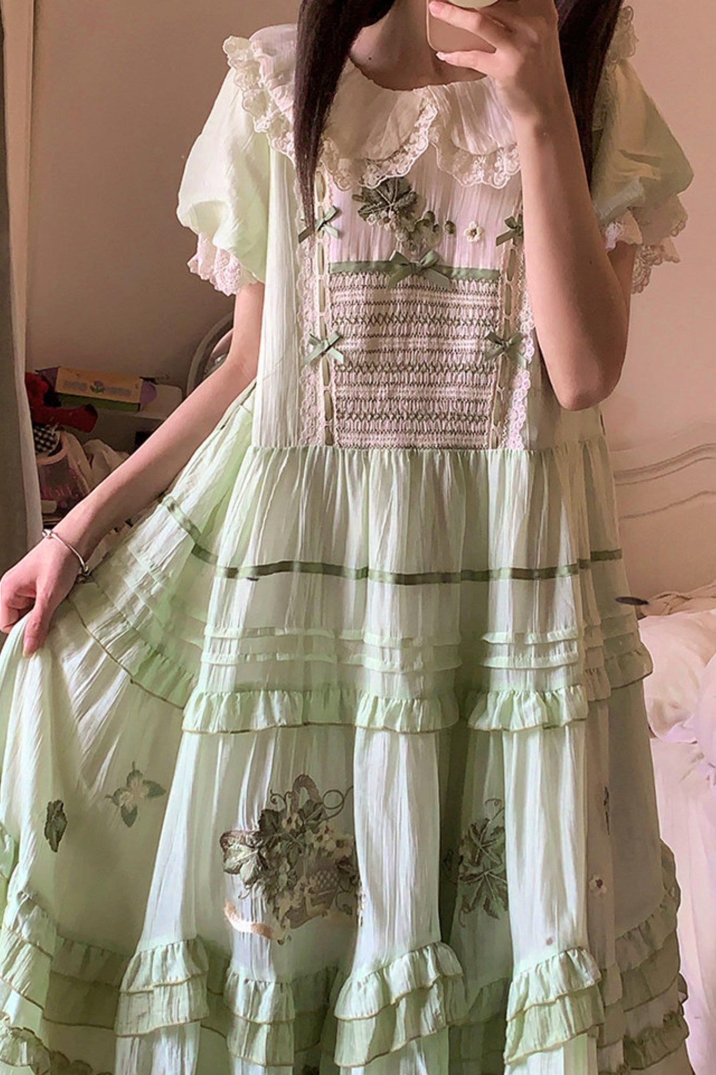 Green Embroidered Lolita One-piece Dress + Cardigan + Hat + Belt + Accessories