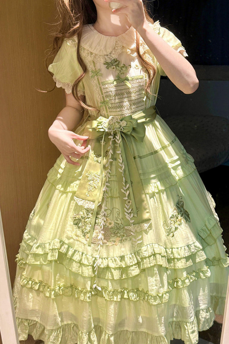 Green Embroidered Lolita One-piece Dress + Cardigan + Hat + Belt + Accessories