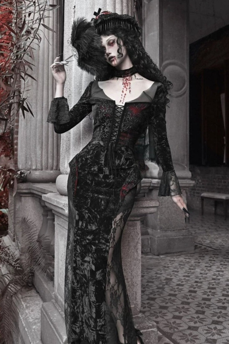 [pre-order] Gothic Velvet Crimson Fish Tail Dress
