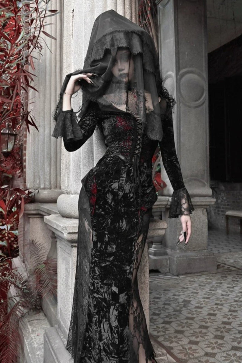 [pre-order] Gothic Velvet Crimson Fish Tail Dress