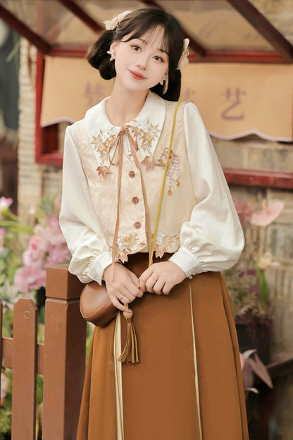 Retro Autumn Chinese Vest + Shirt + Skirt