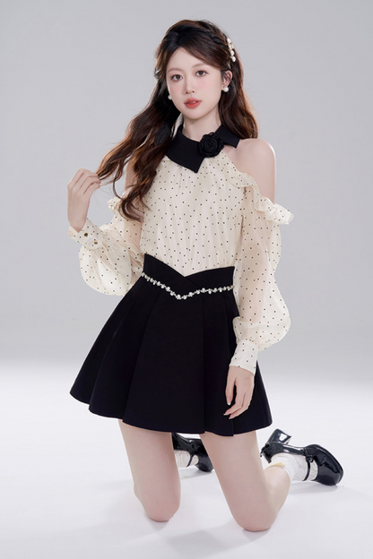 Polka Dot Off-shoulder Chiffon Top Set