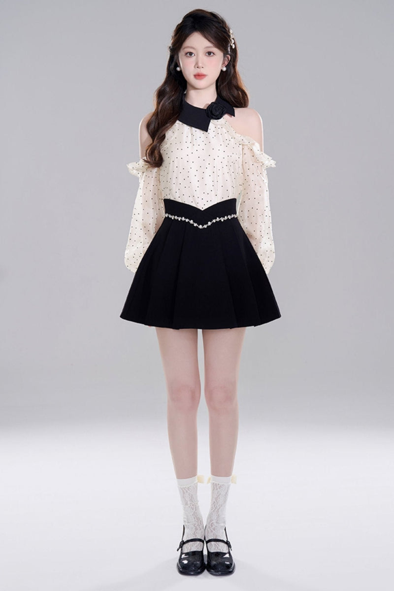 Polka Dot Off-shoulder Chiffon Top Set