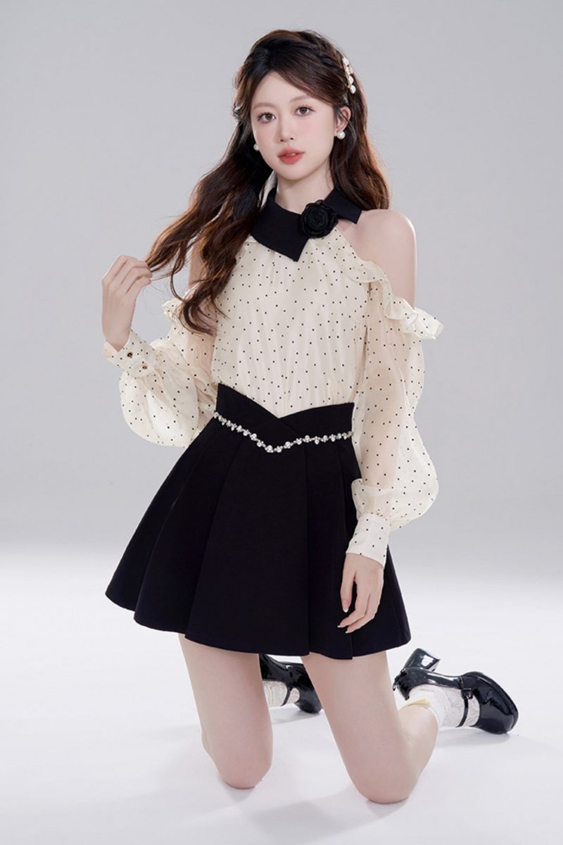 Polka Dot Off-shoulder Chiffon Top Set