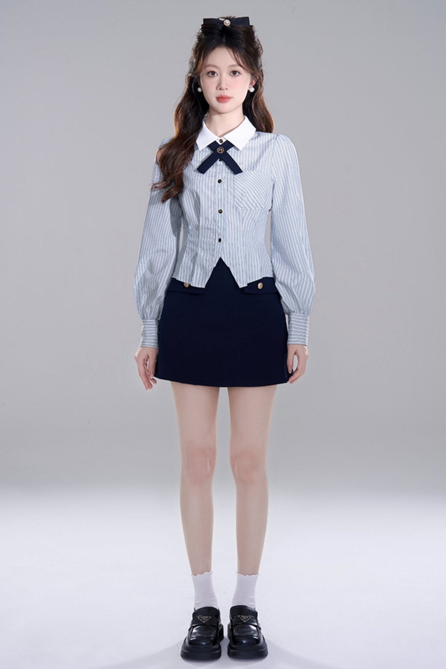 Blue Striped Preppy Long Sleeve Crop Set