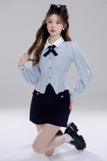 Blue Striped Preppy Long Sleeve Crop Set