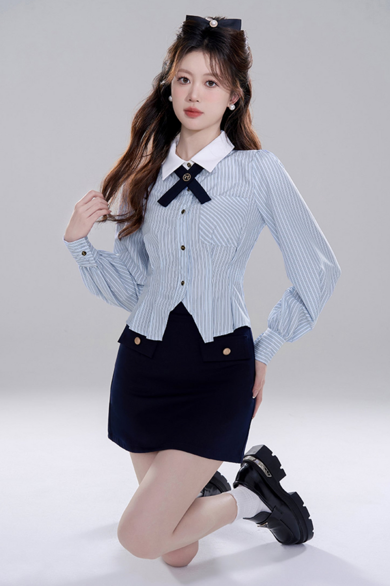 Blue Striped Preppy Long Sleeve Crop Set