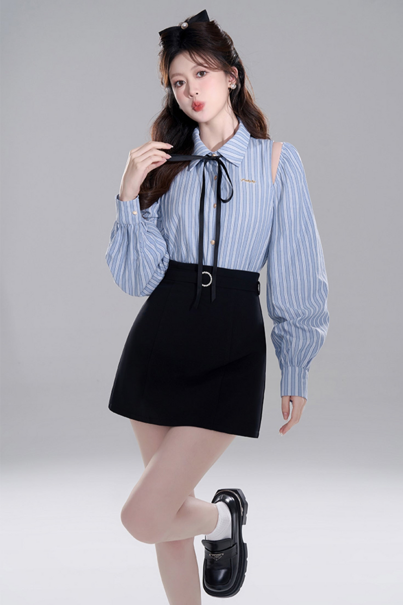 Blue Stripe Off-shoulder Crop Set