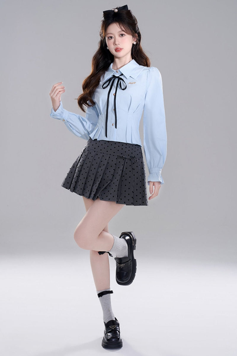 Blue Preppy Two-piece Shirt Skirt Set