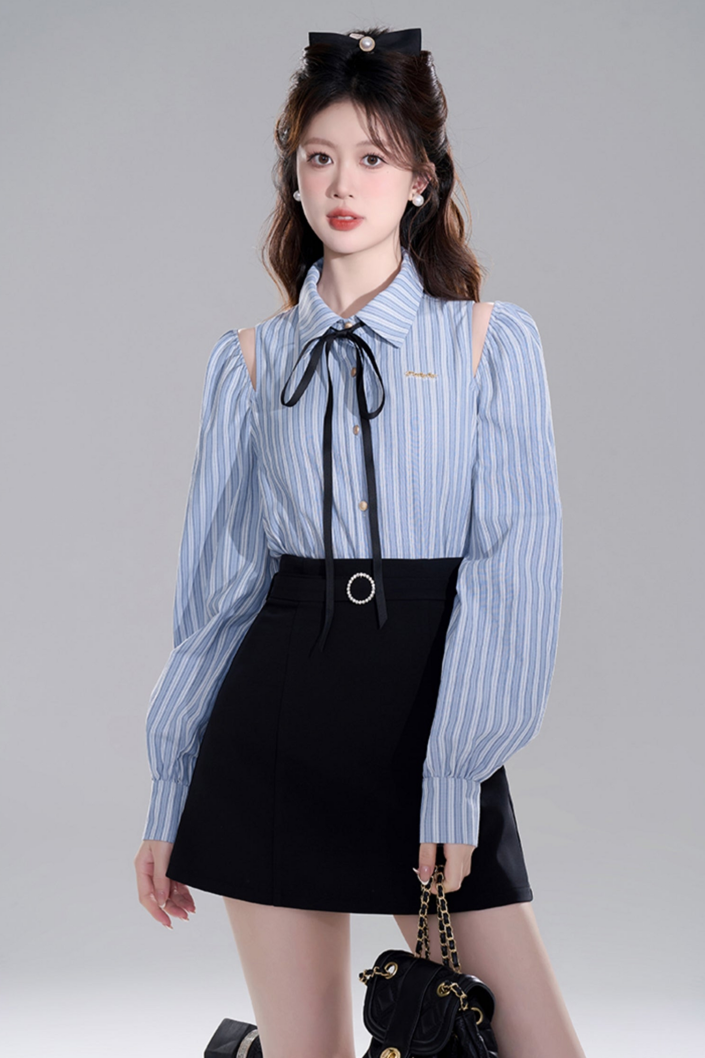 Blue Stripe Off-shoulder Crop Set