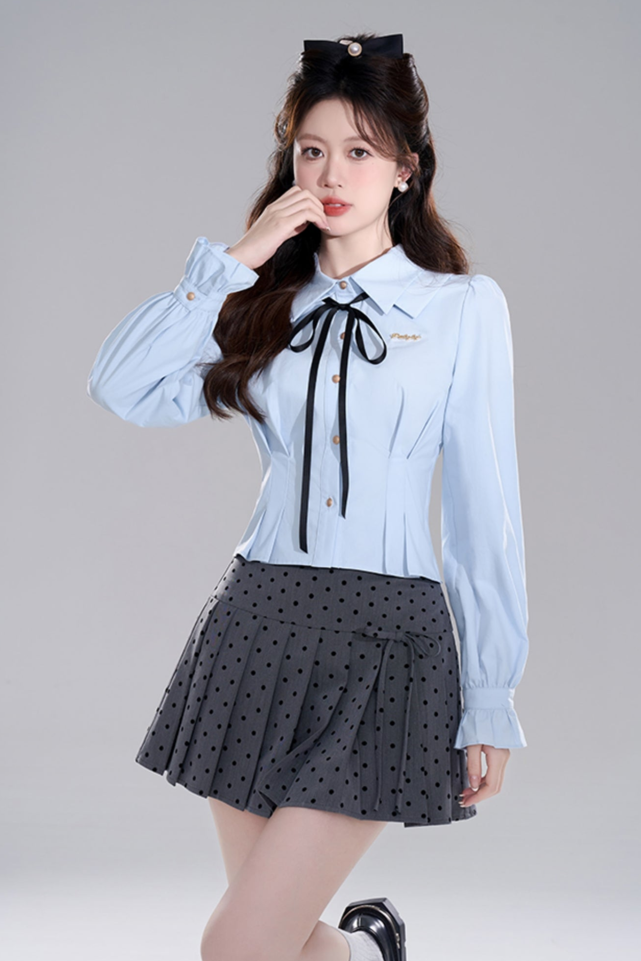 Blue Preppy Two-piece Shirt Skirt Set
