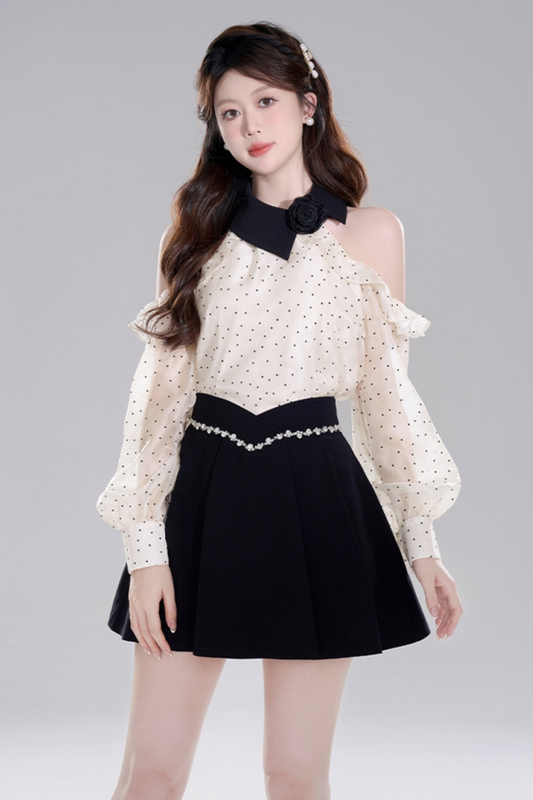 Polka Dot Off-shoulder Chiffon Top Set