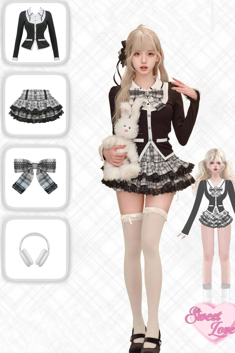 Black Knit Cardigan Tiered Skirt Set