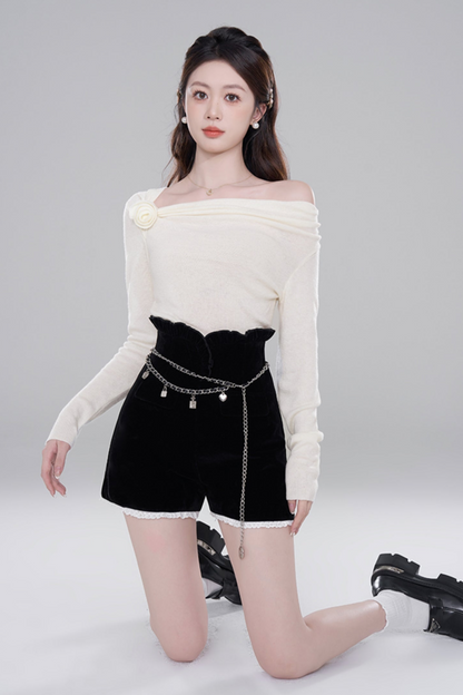 One Shoulder Color Knit Sweater Set
