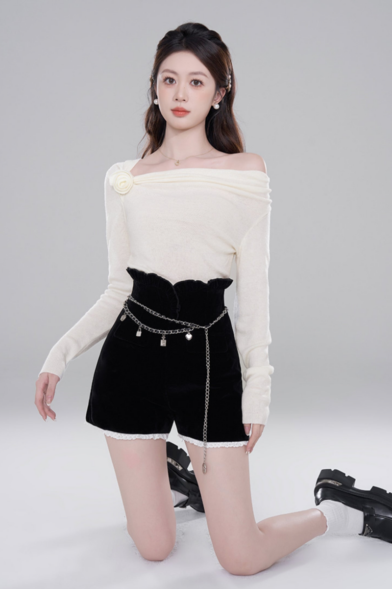One Shoulder Color Knit Sweater Set