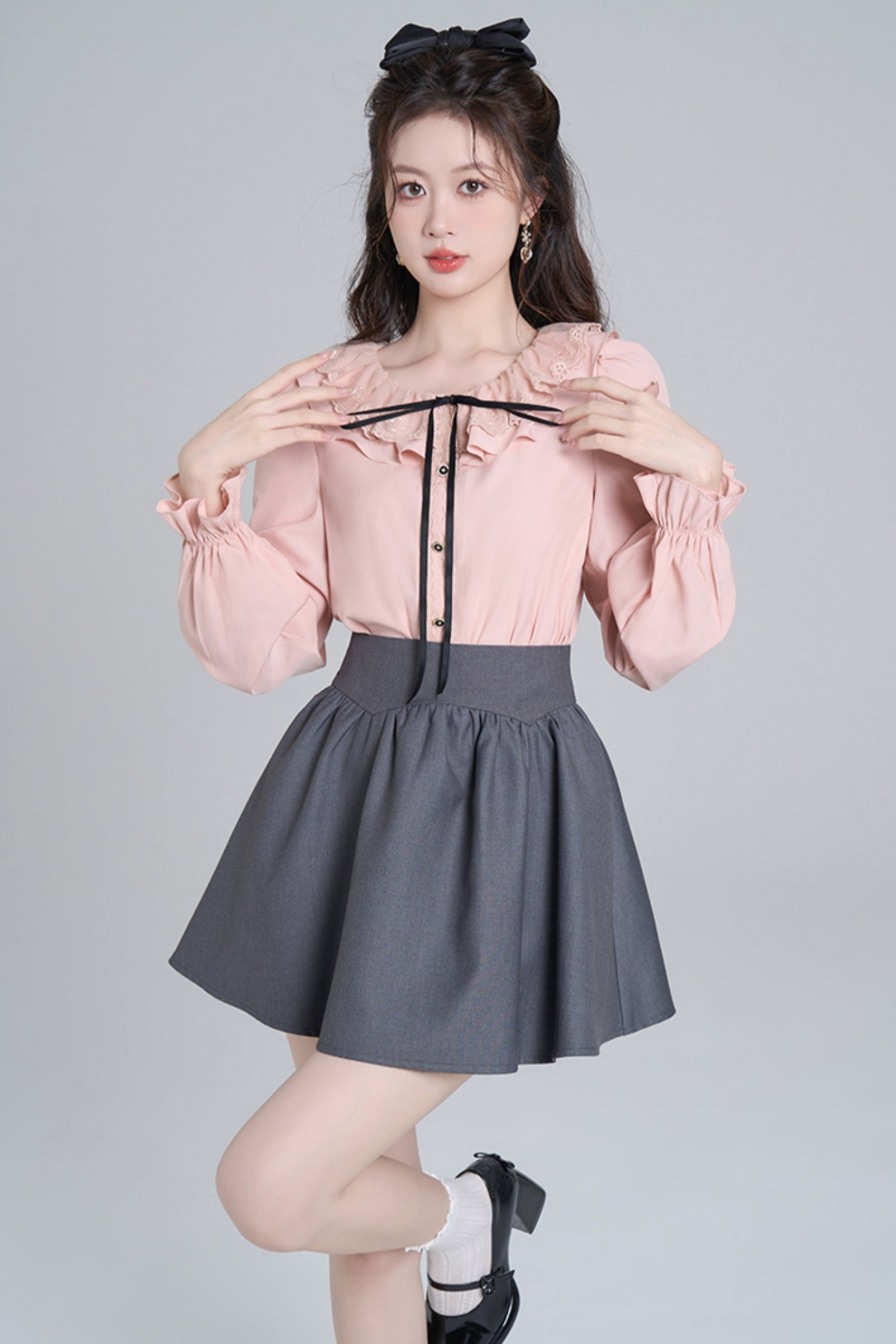 Pink Ruffle Loose Lace Shirt Set