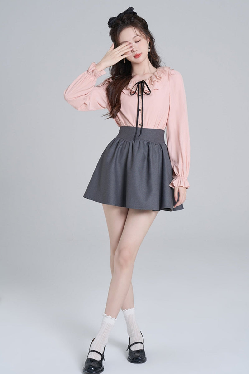 Pink Ruffle Loose Lace Shirt Set