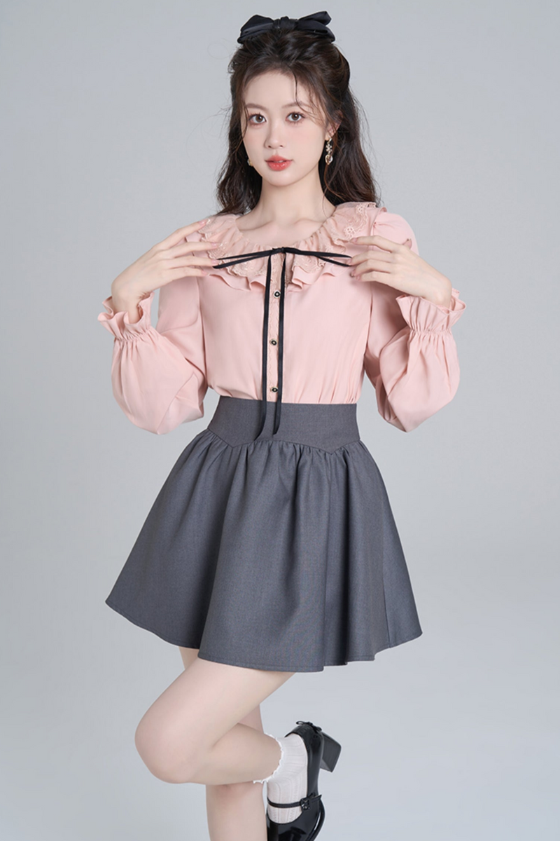 Pink Ruffle Loose Lace Shirt Set