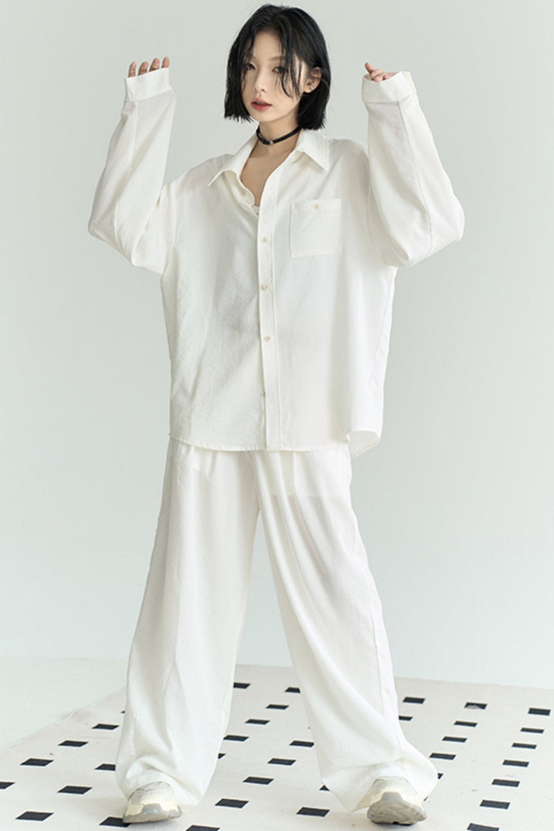 Cotton Linen Long Sleeve Shirt Trousers Set