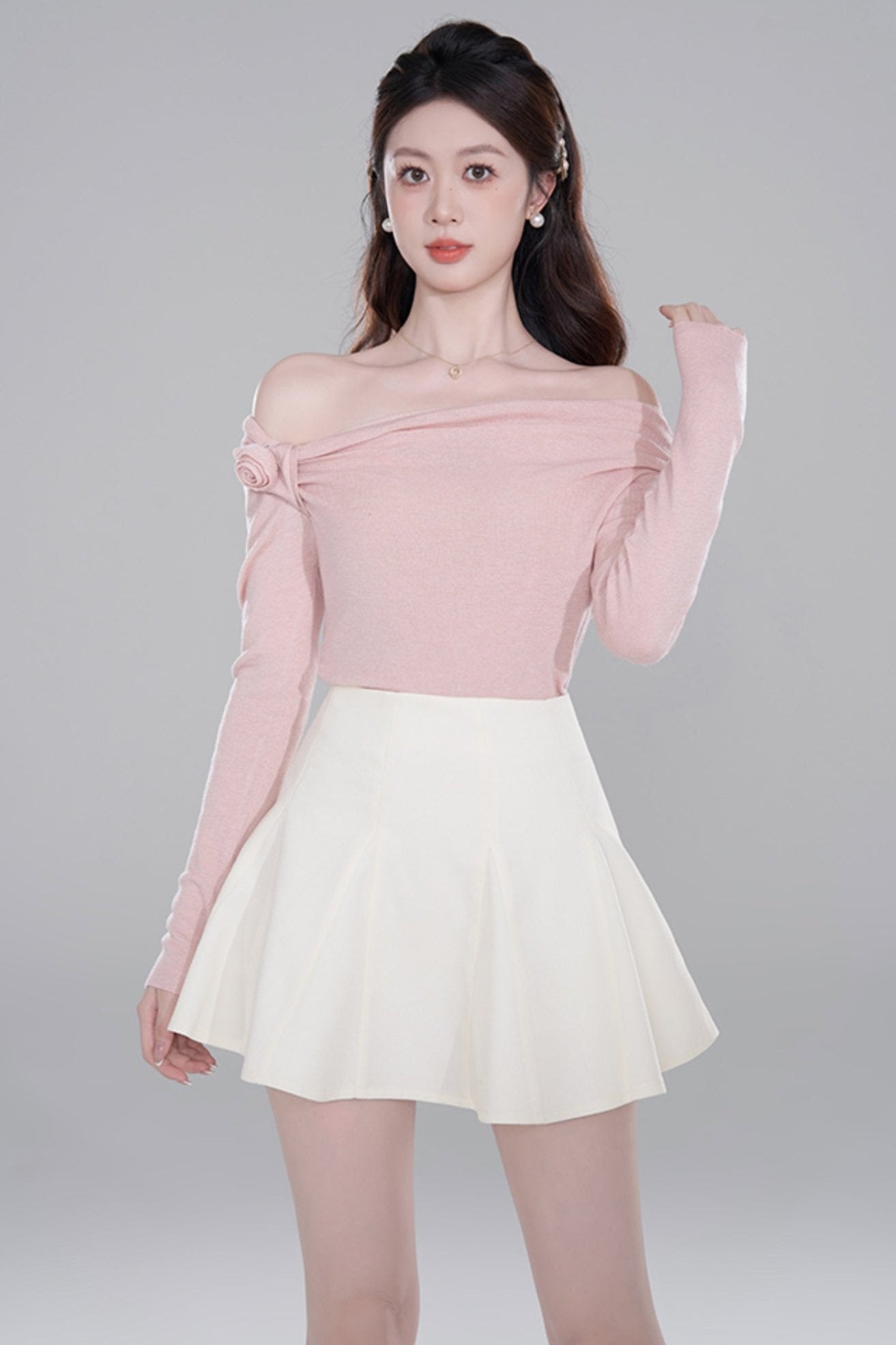 One Shoulder Color Knit Sweater Set